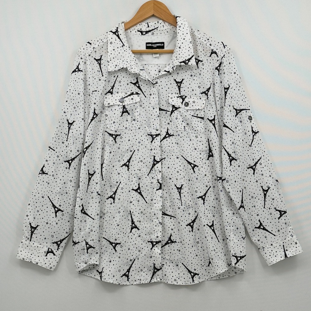 Karl Lagerfeld Paris Button Down Shirt Womens XL White Eiffel Tower Star Print